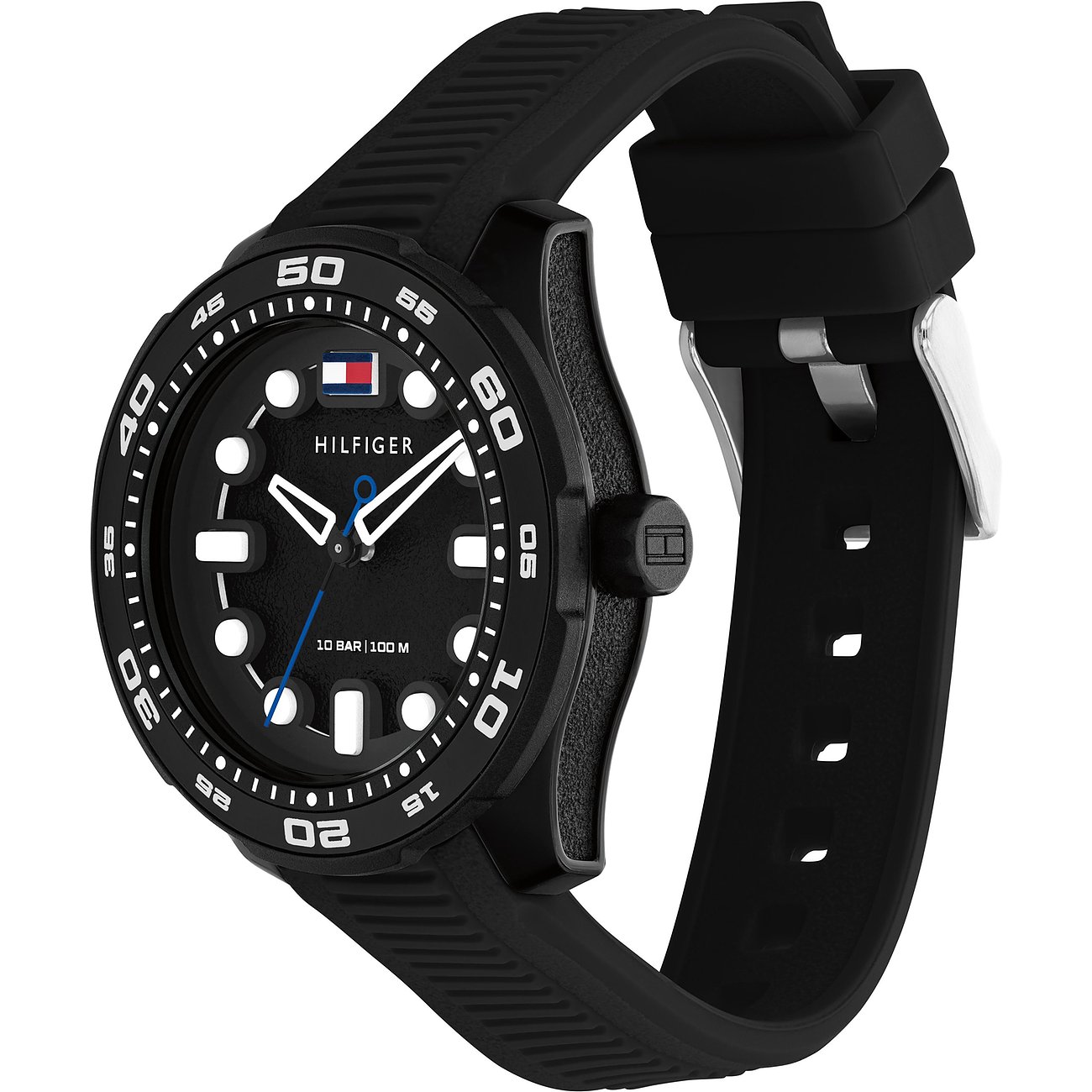 Tommy Hilfiger kinder-/tienerhorloge van RVS en aluminium met zwarte wijzerplaat en band.