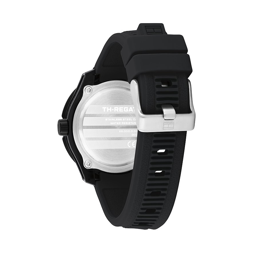 Achteraanzicht van het zilverkleurige Tommy Hilfiger kinder-/jeugdhorloge van roestvrij staal en aluminium met zwarte band.
