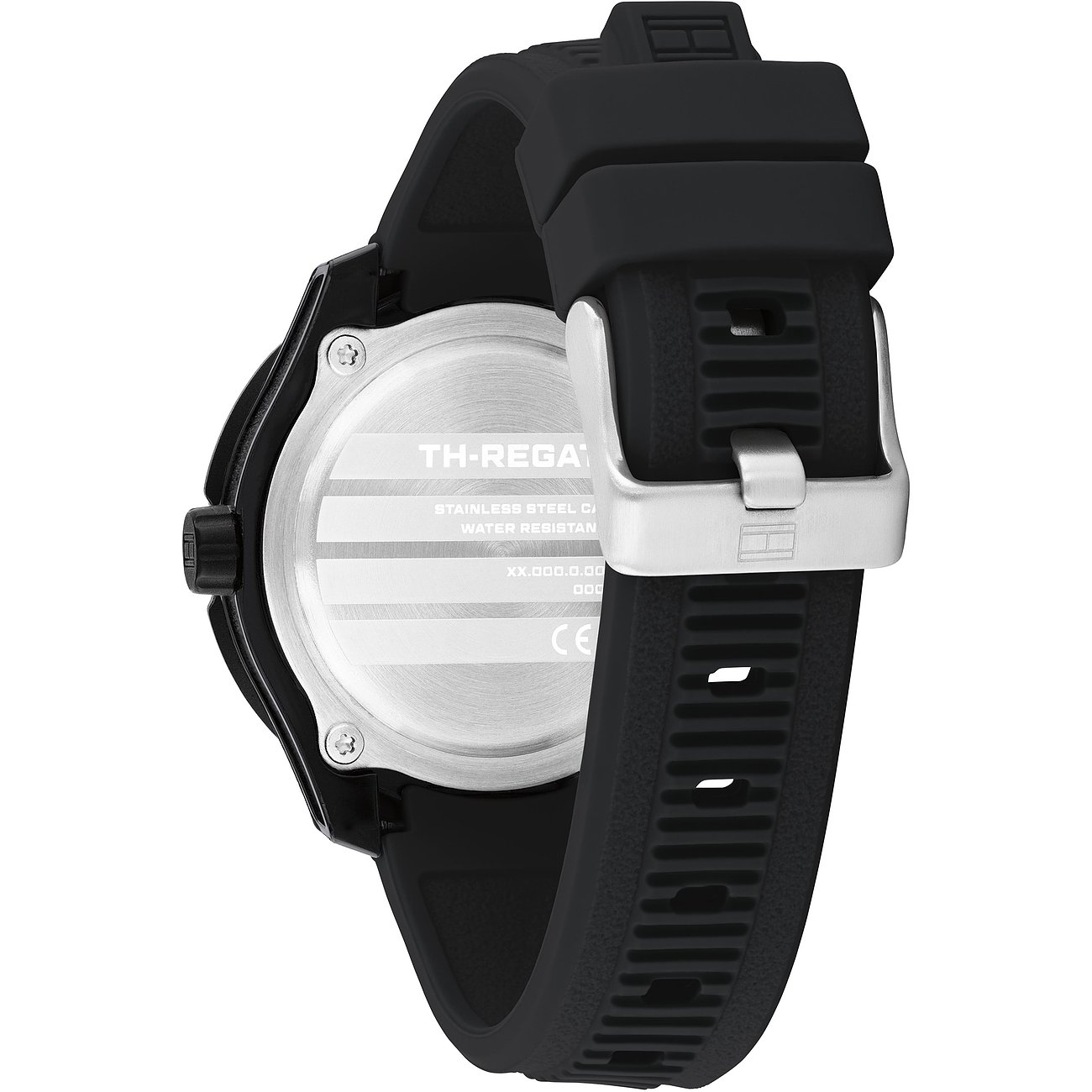 Achteraanzicht van het zilverkleurige Tommy Hilfiger kinder-/jeugdhorloge van roestvrij staal en aluminium met zwarte band.