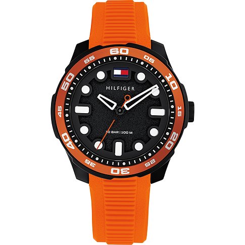 Tommy Hilfiger Kinder-/Jugenduhr aus Edelstahl und Aluminium mit schwarzem Zifferblatt und orangefarbenem Armband.