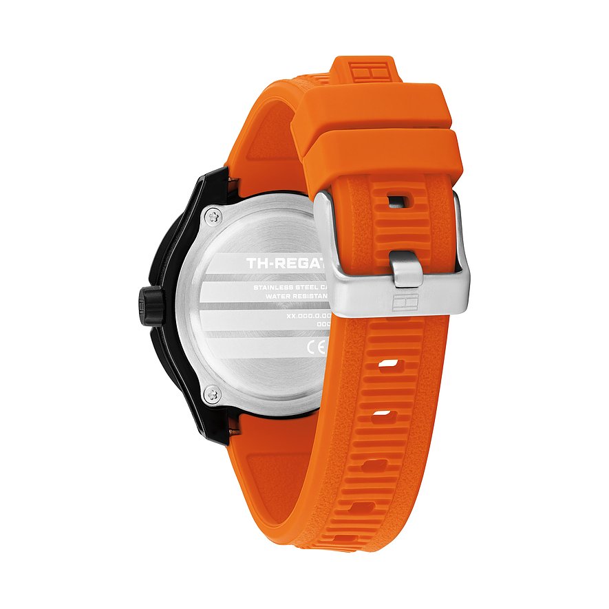 Rückseite einer Tommy Hilfiger Kinder-/Jugenduhr aus Edelstahl und Aluminium mit orangefarbenem Armband.