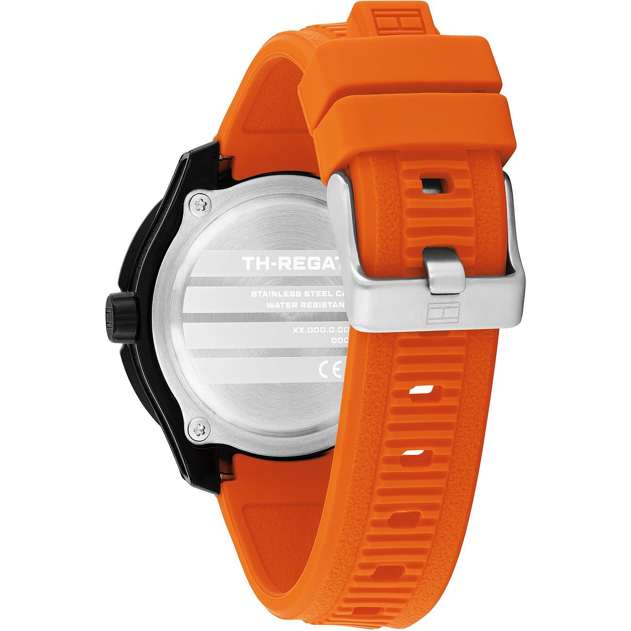 Rückseite einer Tommy Hilfiger Kinder-/Jugenduhr aus Edelstahl und Aluminium mit orangefarbenem Armband.