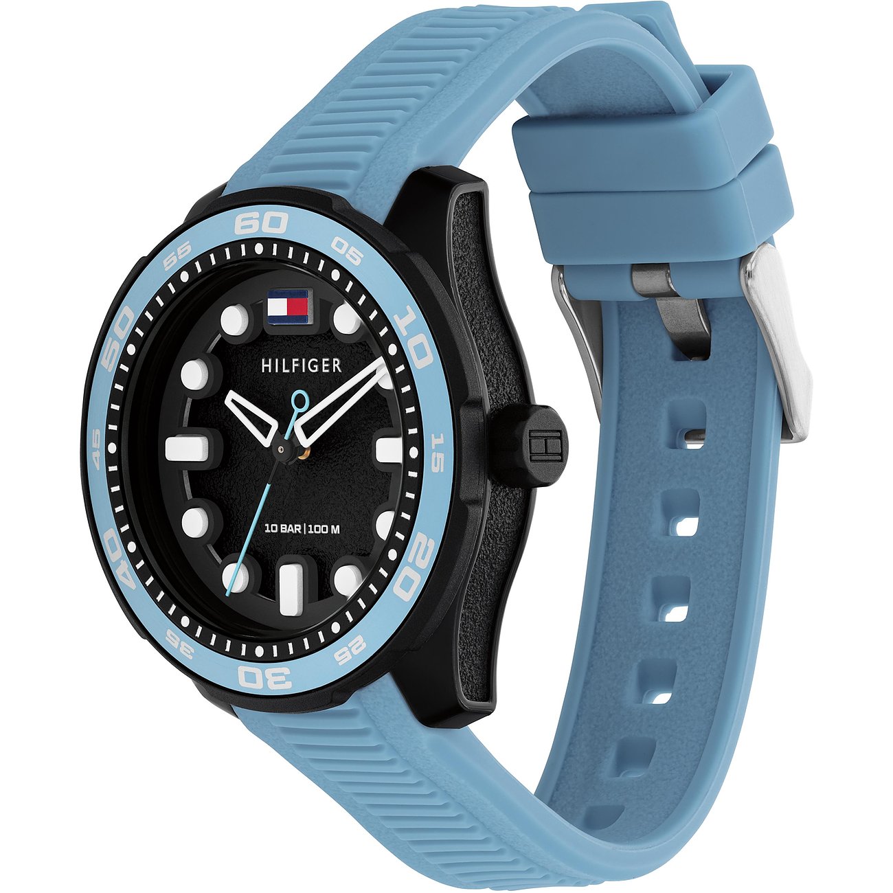 Tommy Hilfiger kinder-/jongerenhorloge van zwart aluminium/roestvrij staal, lichtblauwe band, zwarte wijzerplaat.