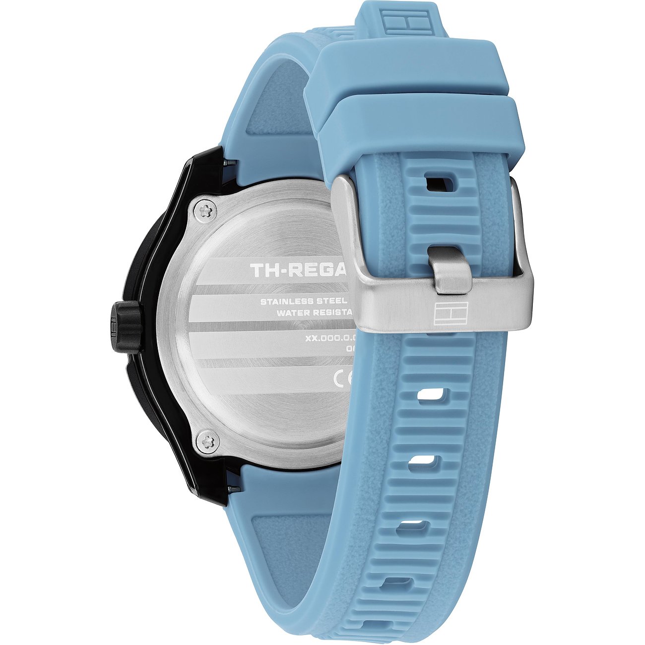 Achterkant van een Tommy Hilfiger kinder-/jeugdhorloge van roestvrij staal en aluminium met blauwe siliconen band en gesp.