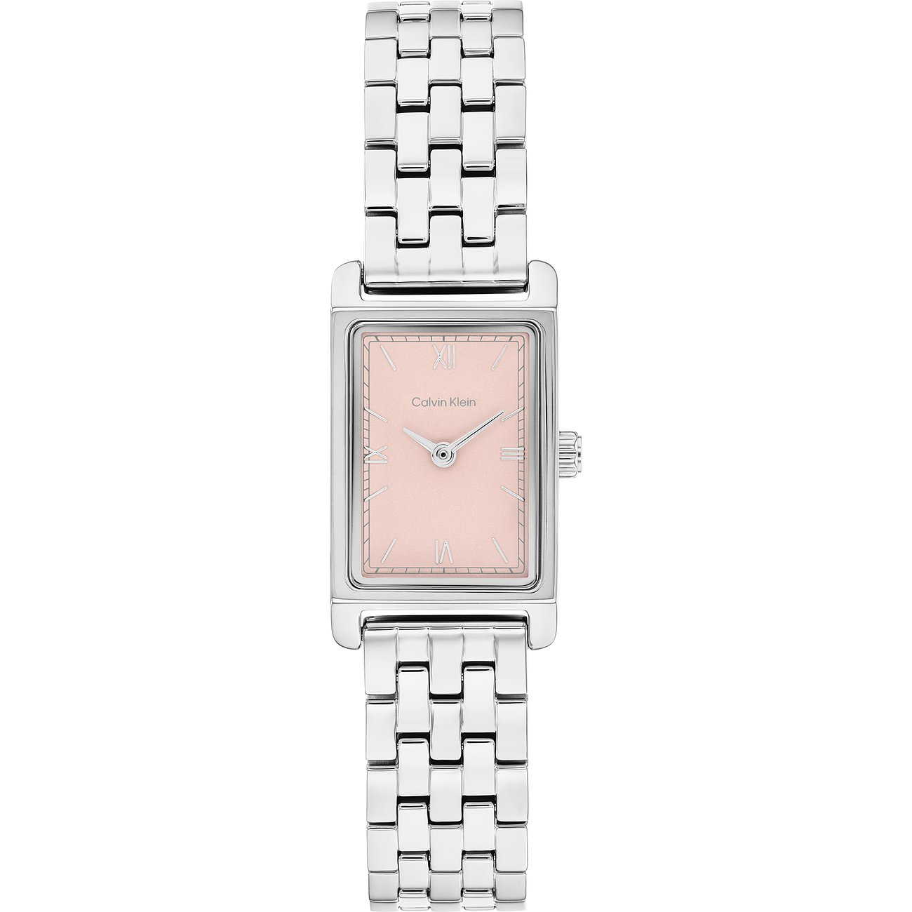 Calvin Klein dameshorloge: zilverkleurig roestvrij staal, rechthoekige, rosé wijzerplaat, zilveren Romeinse cijfers.