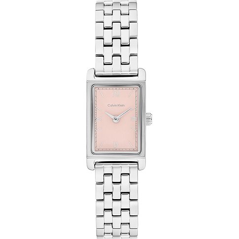 Calvin Klein Damenuhr: silberfarbener Edelstahl, rechteckiges, roséfarbenes Zifferblatt, silberne römische Ziffern.