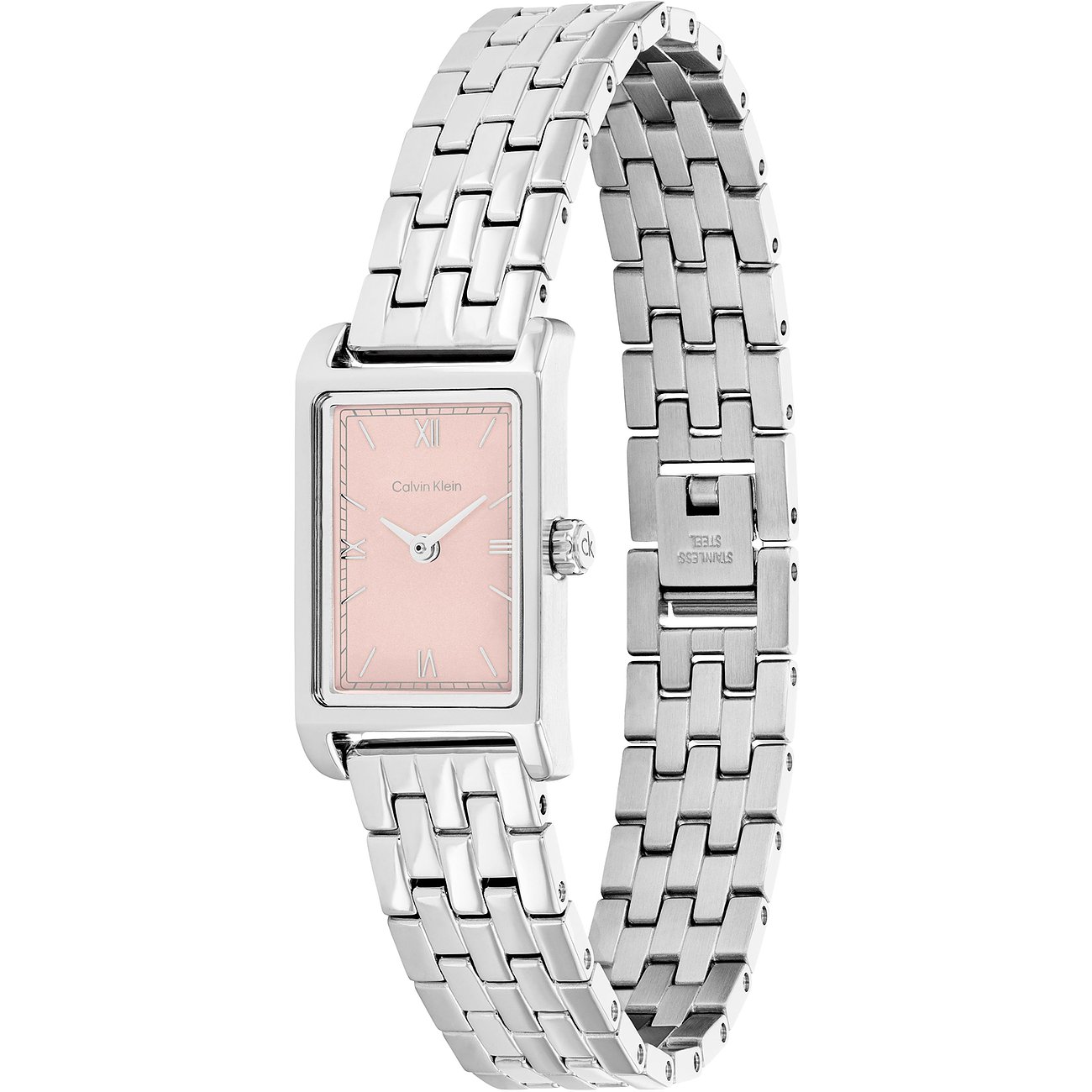 Calvin Klein dameshorloge van gepolijst roestvrij staal met rechthoekige kast, roze wijzerplaat en schakelarmband.