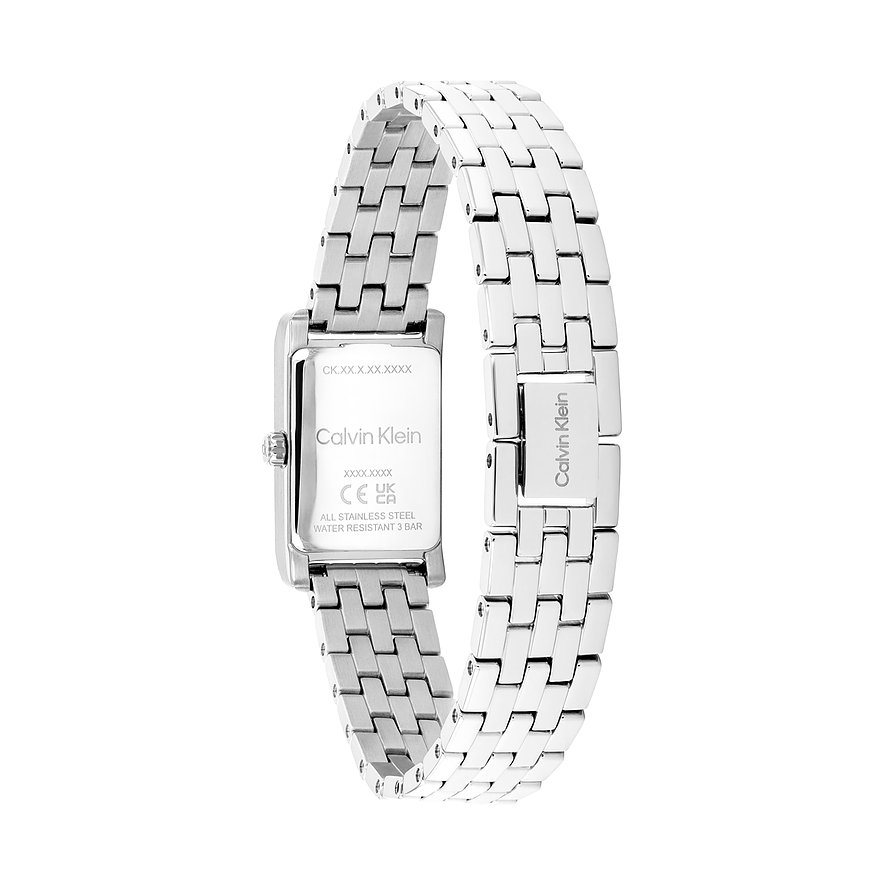 Achteraanzicht van het Calvin Klein dameshorloge van gepolijst roestvrij staal met rechthoekige kast en band.