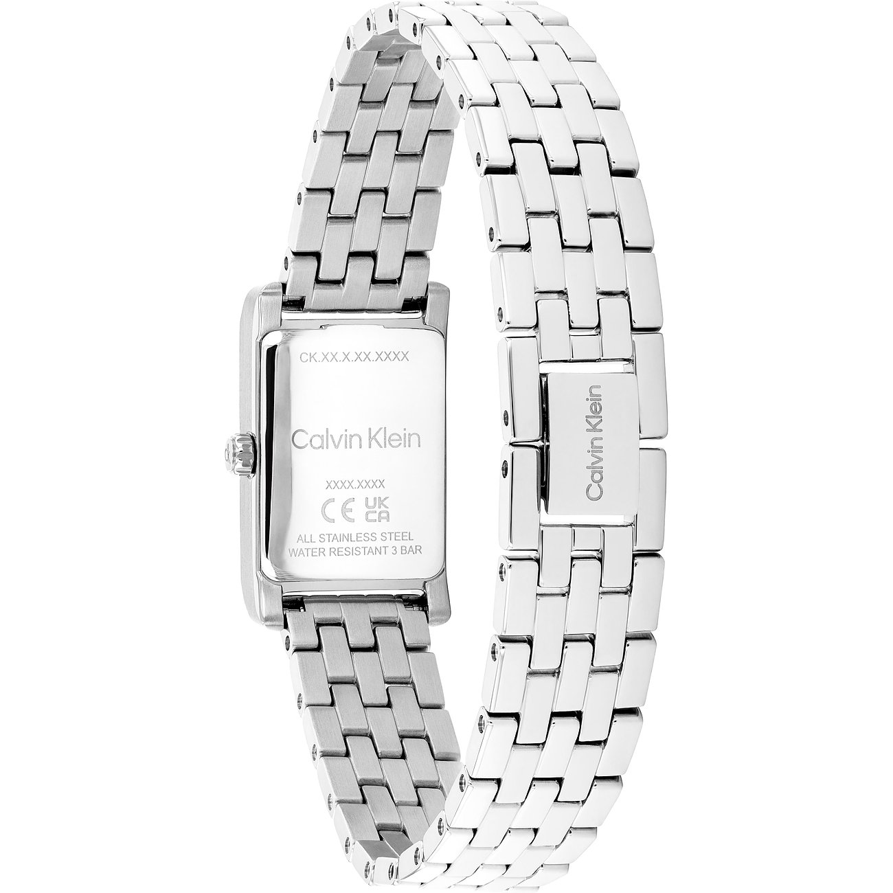 Achteraanzicht van het Calvin Klein dameshorloge van gepolijst roestvrij staal met rechthoekige kast en band.