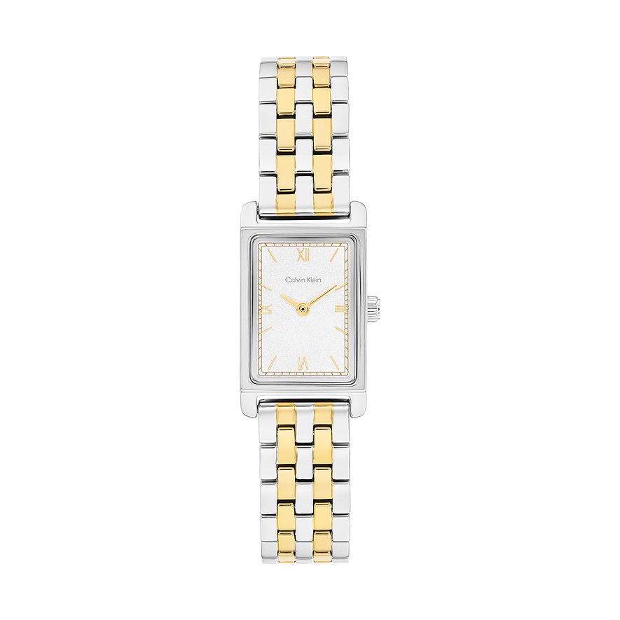 Calvin Klein Damenuhr: Edelstahl, rechteckiges gold-silbernes Armband, silbernes Zifferblatt.