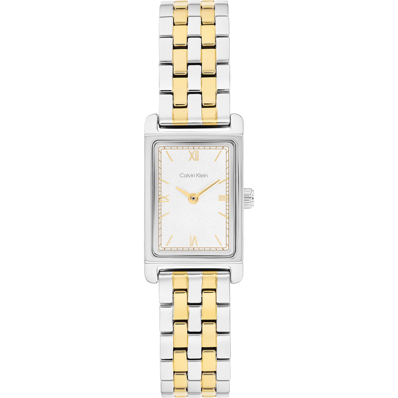 Calvin Klein Damenuhr: Edelstahl, rechteckiges gold-silbernes Armband, silbernes Zifferblatt.