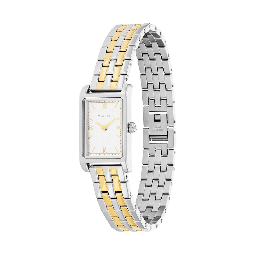 Calvin Klein Damenuhr aus Edelstahl mit rechteckigem Zifferblatt und zweifarbigem gold-silbernem Armband.