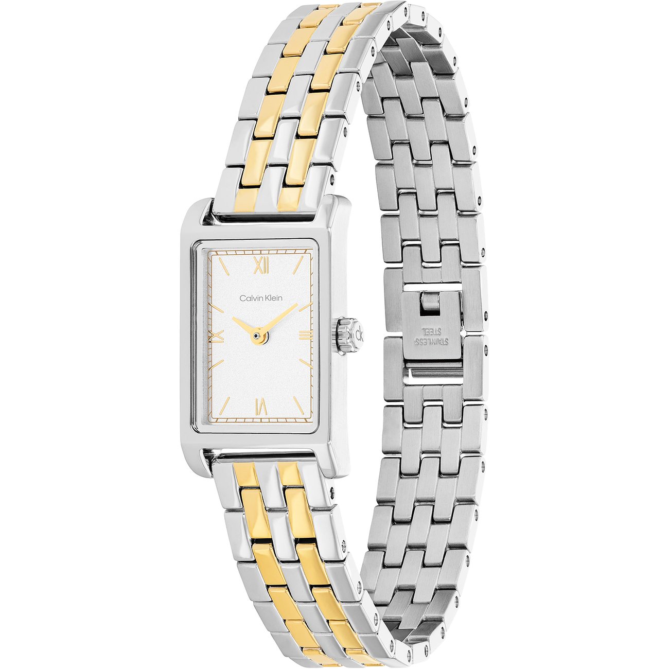 Calvin Klein Damenuhr aus Edelstahl mit rechteckigem Zifferblatt und zweifarbigem gold-silbernem Armband.