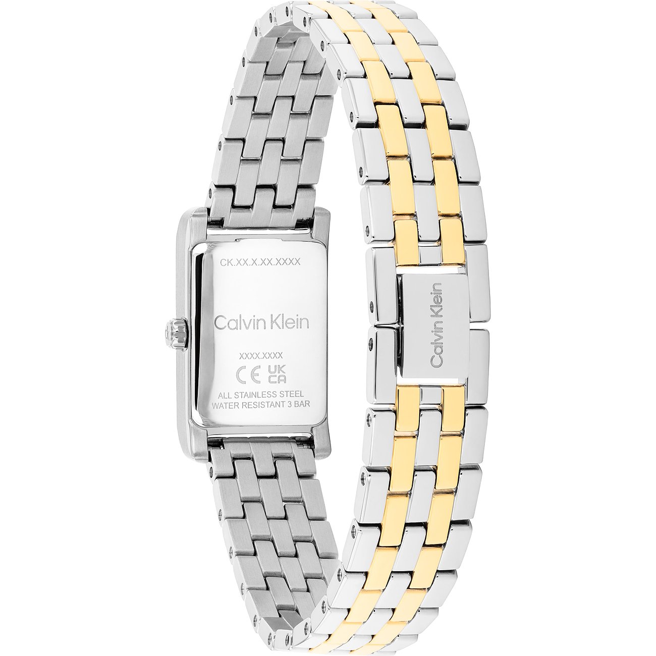 Rückansicht der Calvin Klein Damenuhr aus Edelstahl mit rechteckigem Zifferblatt und silber-goldfarbenem Gliederarmband.