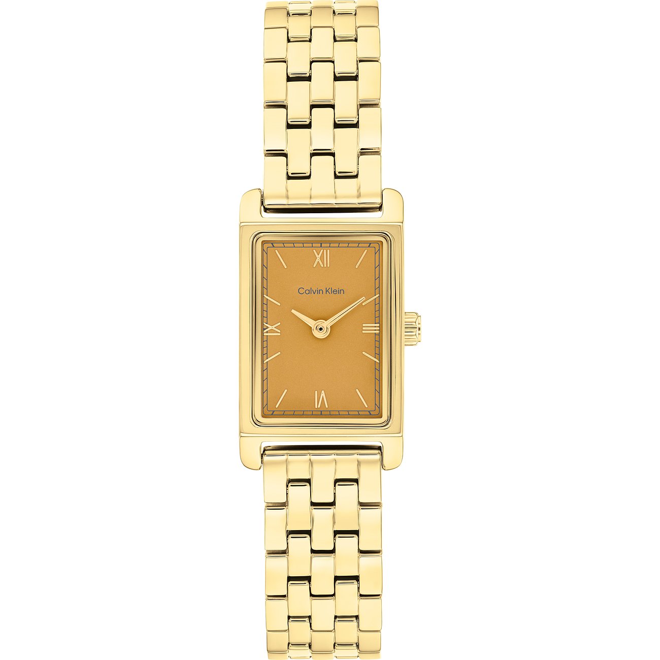 Eine Calvin Klein Damenuhr aus goldfarbenem Edelstahl mit rechteckigem Zifferblatt und goldenem Gliederarmband.