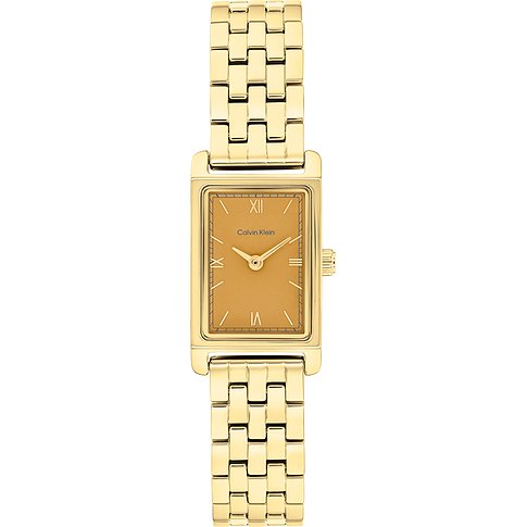 Eine Calvin Klein Damenuhr aus goldfarbenem Edelstahl mit rechteckigem Zifferblatt und goldenem Gliederarmband.