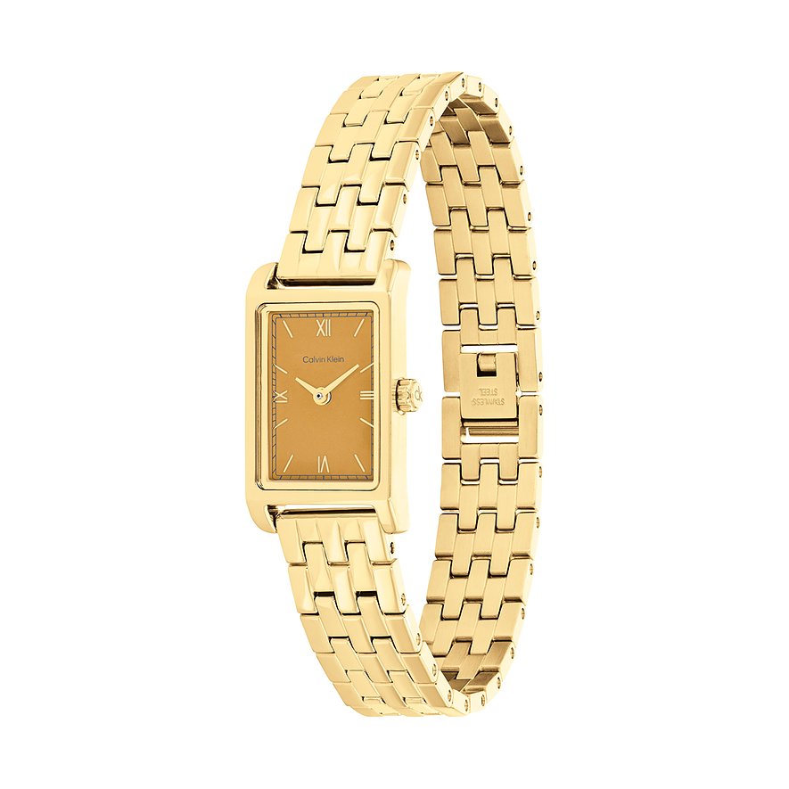 Eine Calvin Klein Damenuhr aus goldfarbenem Edelstahl mit rechteckigem Zifferblatt und goldfarbenem Gliederarmband.