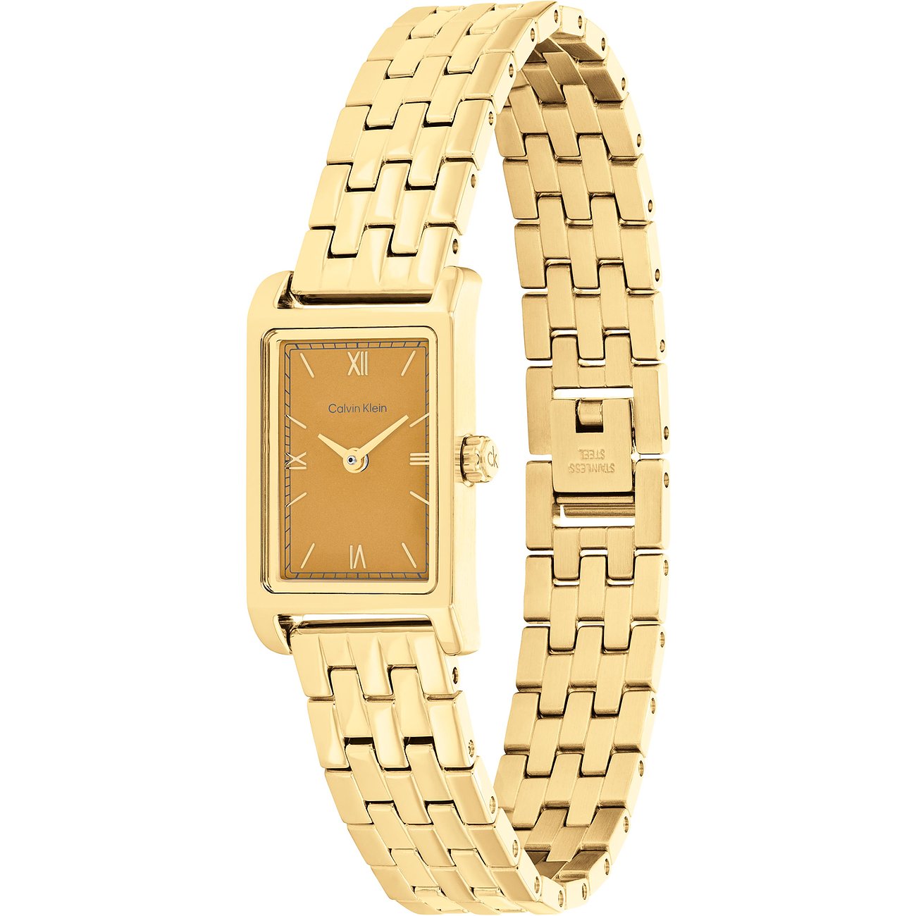 Eine Calvin Klein Damenuhr aus goldfarbenem Edelstahl mit rechteckigem Zifferblatt und goldfarbenem Gliederarmband.