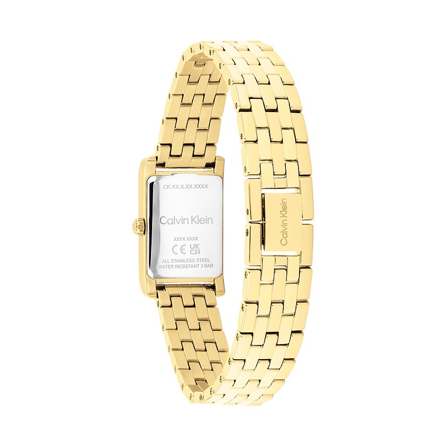 Rückansicht einer rechteckigen Calvin Klein Damenuhr aus gelbgoldenem Edelstahl mit Gliederarmband.