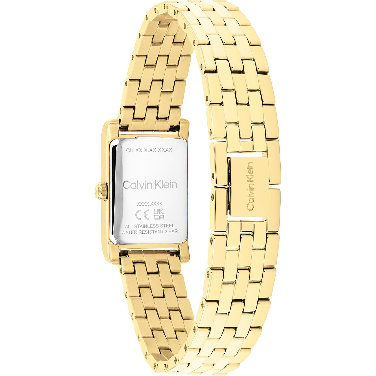 Rückansicht einer rechteckigen Calvin Klein Damenuhr aus gelbgoldenem Edelstahl mit Gliederarmband.