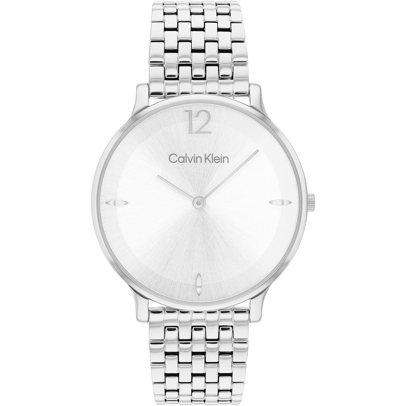 Eine Calvin Klein Damenuhr aus Edelstahl mit rundem Gehäuse und einem silberfarbenen Ziffernblatt.