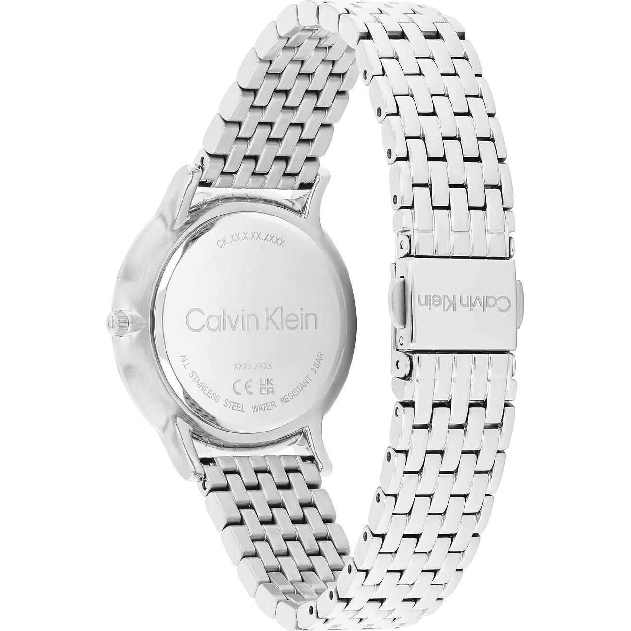 Rückseite einer Calvin Klein Damenuhr aus Edelstahl mit graviertem Logo und Details auf weißem Hintergrund.