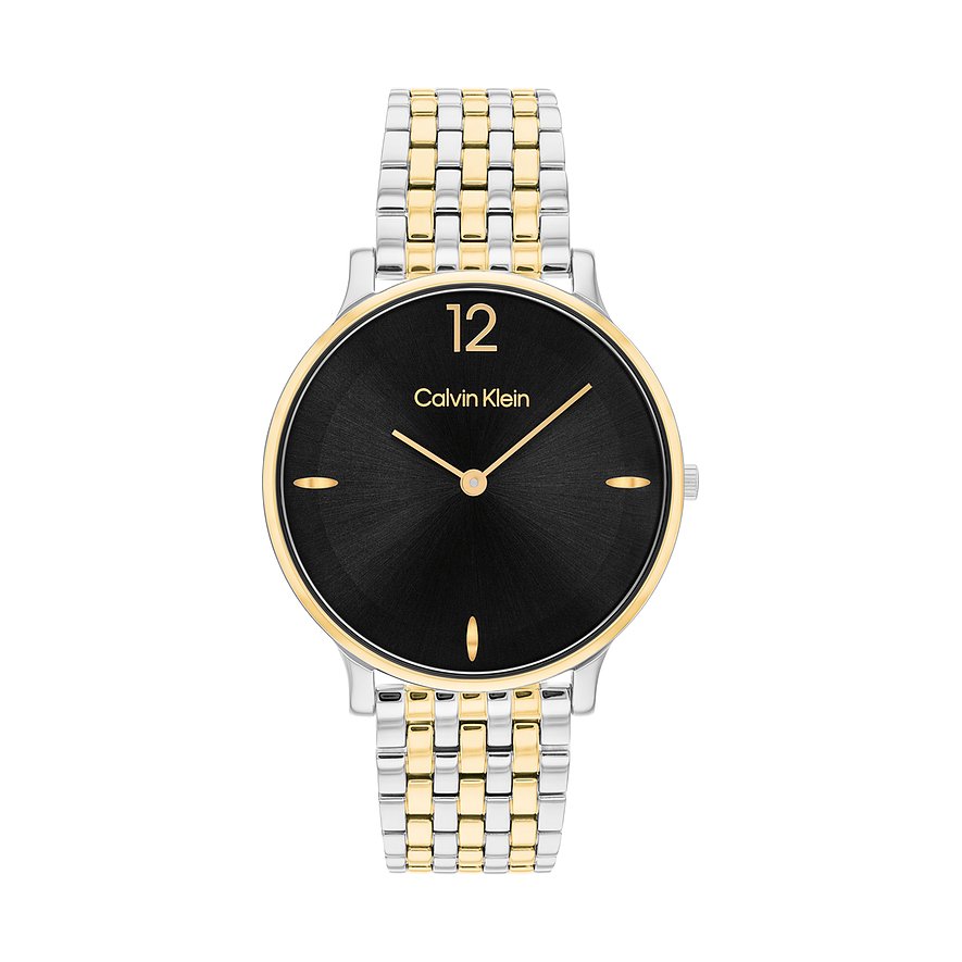 Calvin Klein dameshorloge van roestvrij staal met tweekleurige band, gouden lunette en zwarte wijzerplaat.