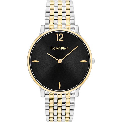 Calvin Klein Damenuhr aus Edelstahl mit einem zweifarbigen Armband, goldener Lünette und schwarzem Zifferblatt.