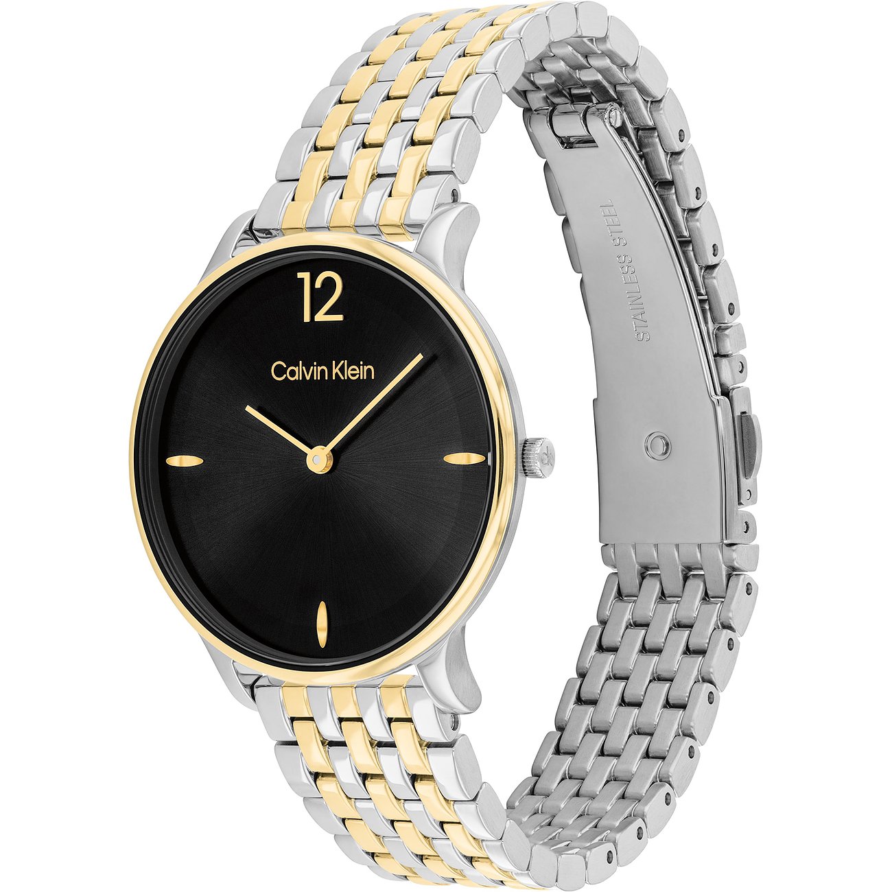 Calvin Klein dameshorloge van bicolor roestvrij staal met zwarte wijzerplaat en gouden accenten, schuin van bovenaf.