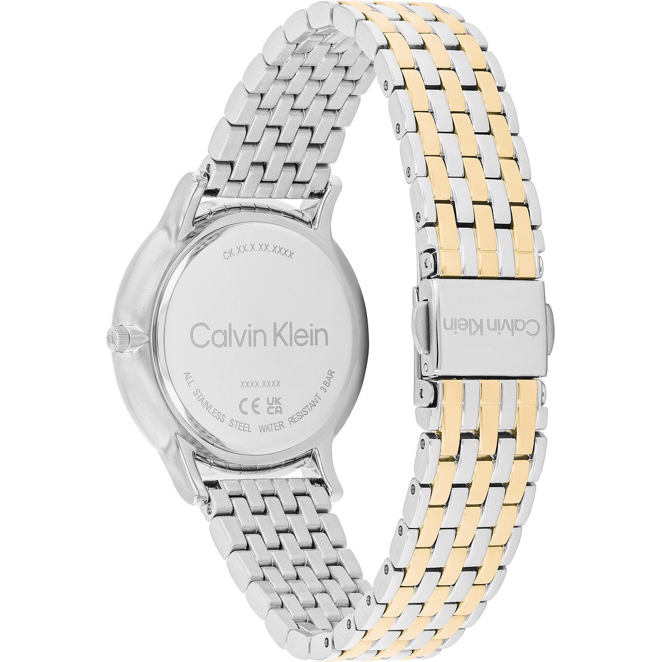 Achteraanzicht van een tweekleurig zilver-goud Calvin Klein dameshorloge van roestvrij staal, met gegraveerd logo.