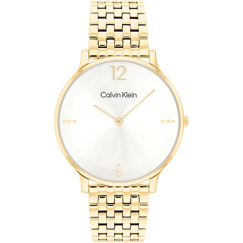 Eine Calvin Klein Damenuhr aus goldfarbenem Edelstahl mit weißem Zifferblatt und goldenem Gliederarmband.