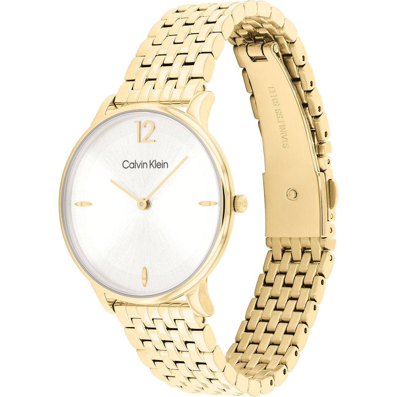 Calvin Klein Damenuhr aus goldfarbenem Edelstahl mit weißem Zifferblatt, schräg von oben aufgenommen.