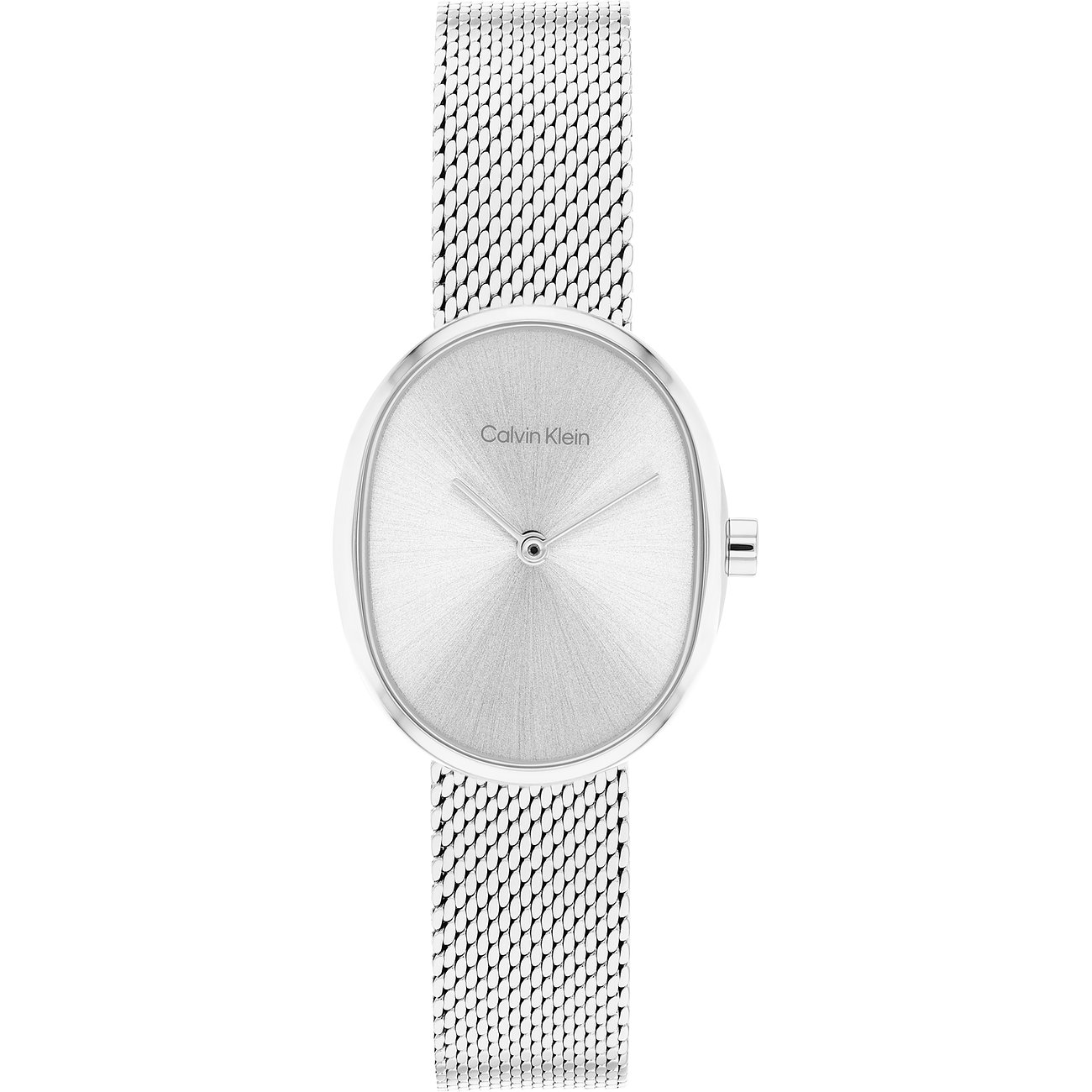 Calvin Klein Damenuhr aus Edelstahl mit ovalem Gehäuse und silbernem Zifferblatt.