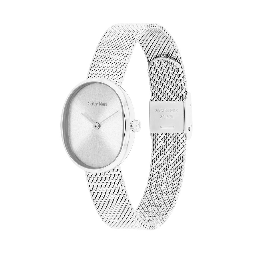 Calvin Klein Damenuhr aus poliertem Edelstahl mit ovalem Gehäuse und feinem Milanaise-Armband aus Edelstahl.