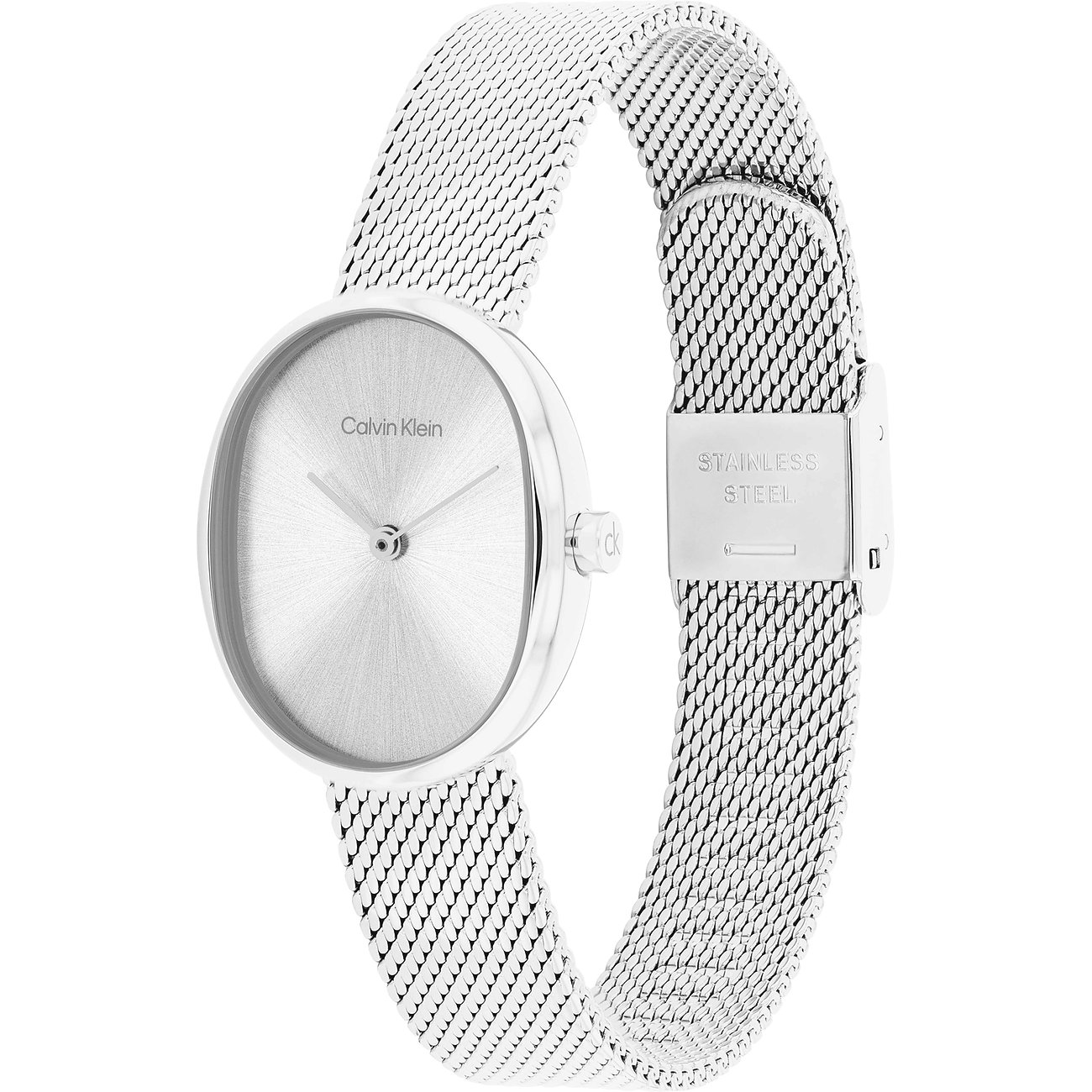 Calvin Klein Damenuhr aus poliertem Edelstahl mit ovalem Gehäuse und feinem Milanaise-Armband aus Edelstahl.