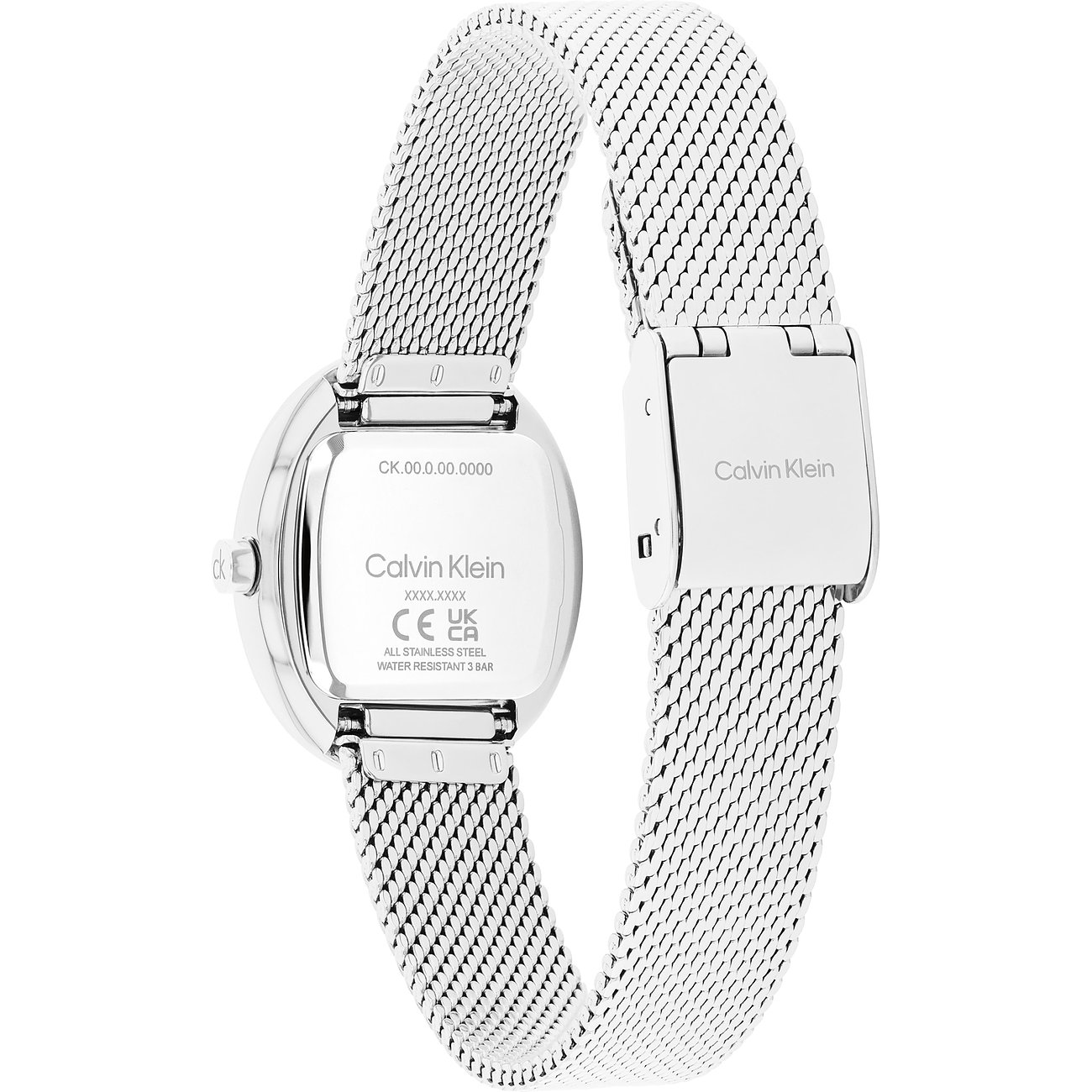 Rückansicht einer Calvin Klein Damenuhr aus Edelstahl mit filigranem Mesh-Armband und gravierter Gehäuserückseite.