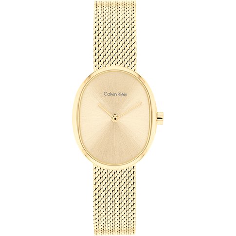 Calvin Klein Damenuhr aus goldfarbenem Edelstahl mit ovalem Gehäuse und feinem Milanaise-Armband.