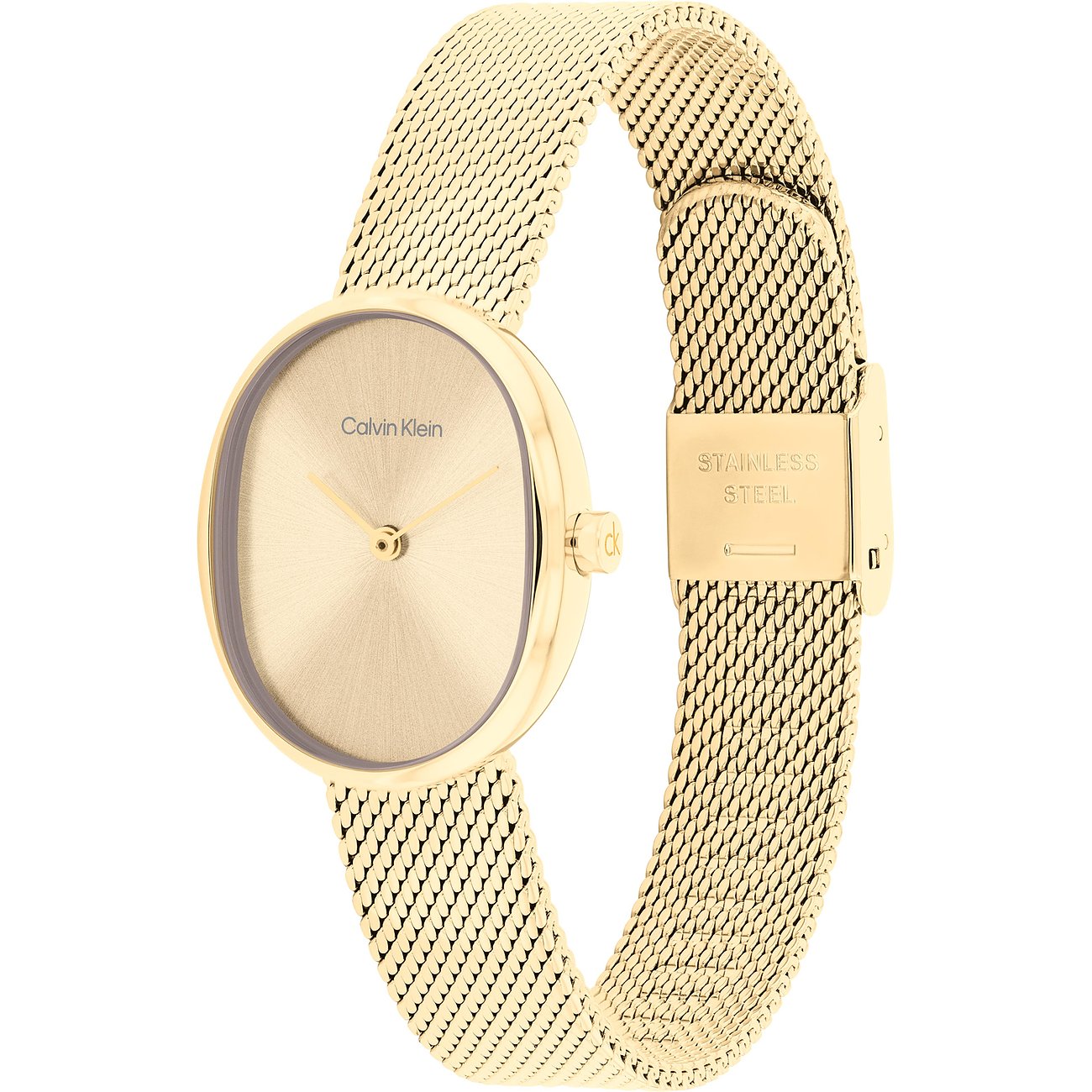 Close-up van een goudkleurig roestvrijstalen Calvin Klein dameshorloge met een ovale wijzerplaat en fijne Milanese band.