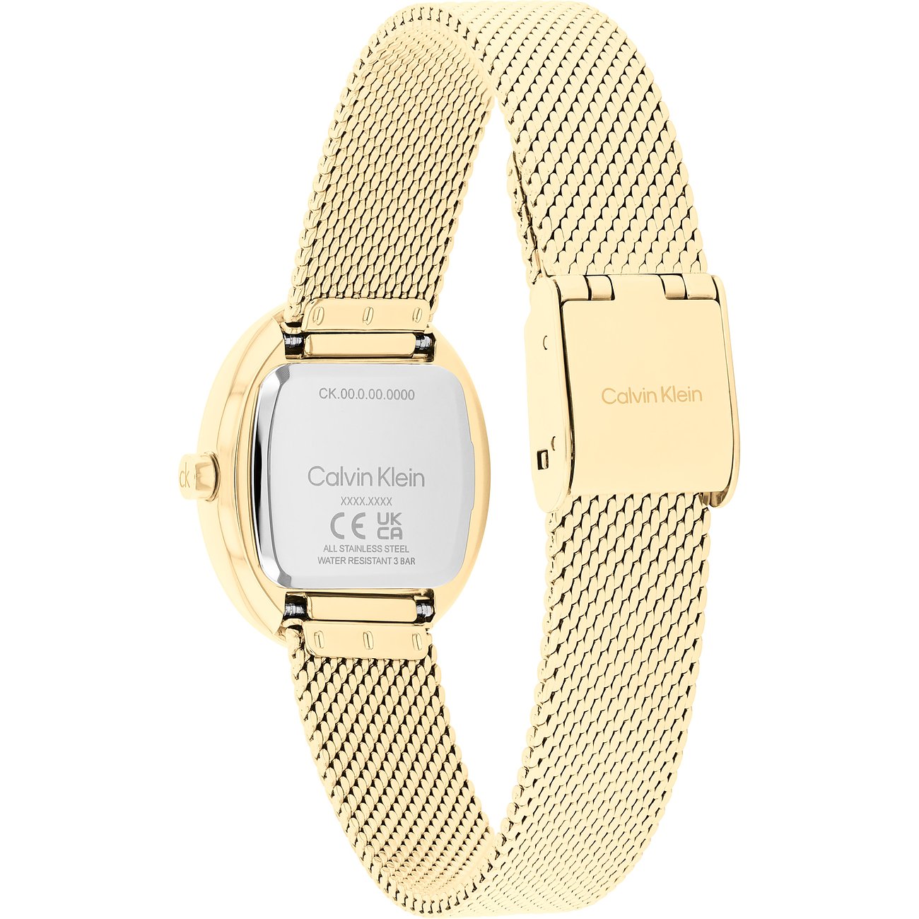 Achteraanzicht van een Calvin Klein dameshorloge van goudkleurig edelstaal met Milanese band en gegraveerde achterkant.