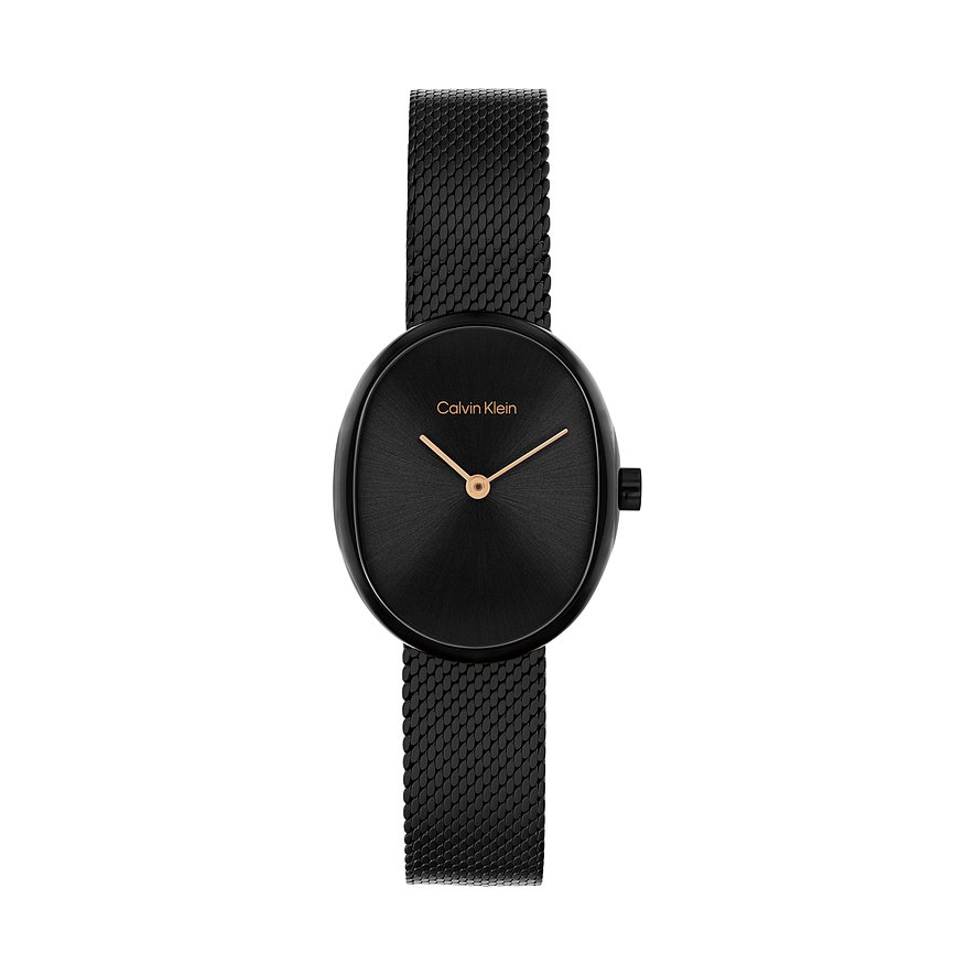 Die Calvin Klein Damenuhr aus schwarzem Edelstahl hat ein ovales Gehäuse und ein feinmaschiges Armband.