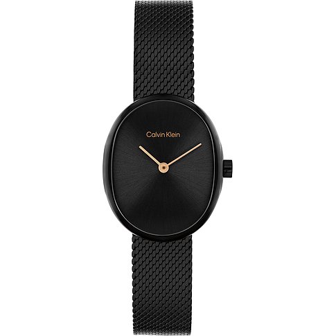 Die Calvin Klein Damenuhr aus schwarzem Edelstahl hat ein ovales Gehäuse und ein feinmaschiges Armband.
