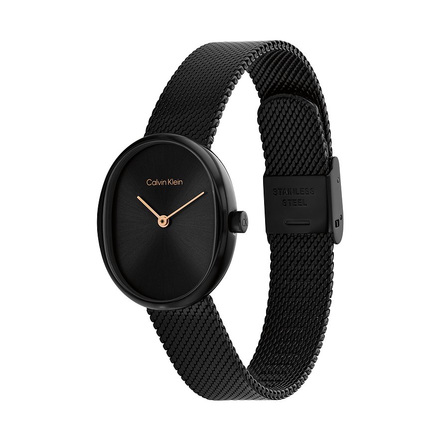 Eine schwarze Calvin Klein Damenuhr aus Edelstahl mit ovalem Zifferblatt und schwarzem Milanaise-Armband.