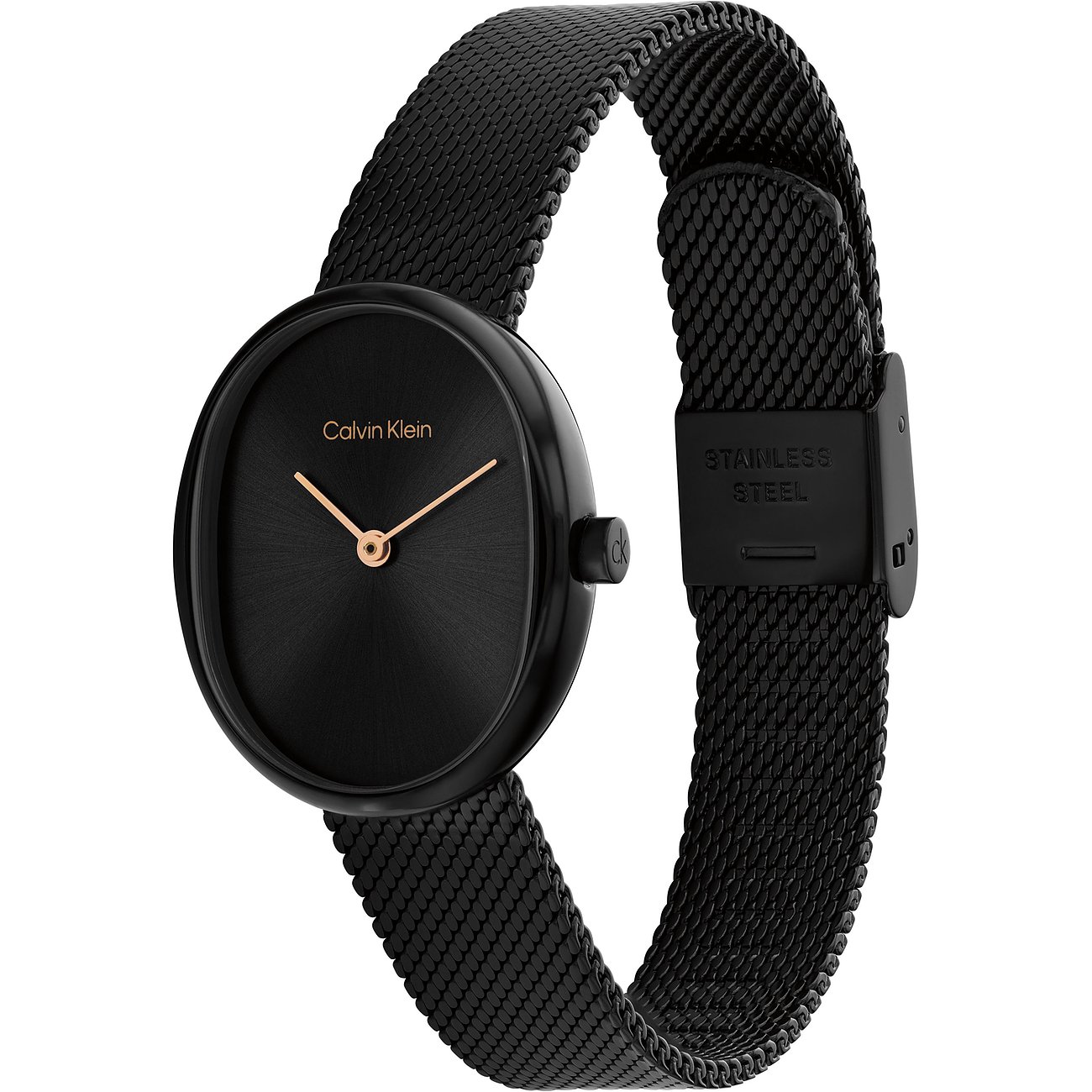 Eine schwarze Calvin Klein Damenuhr aus Edelstahl mit ovalem Zifferblatt und schwarzem Milanaise-Armband.