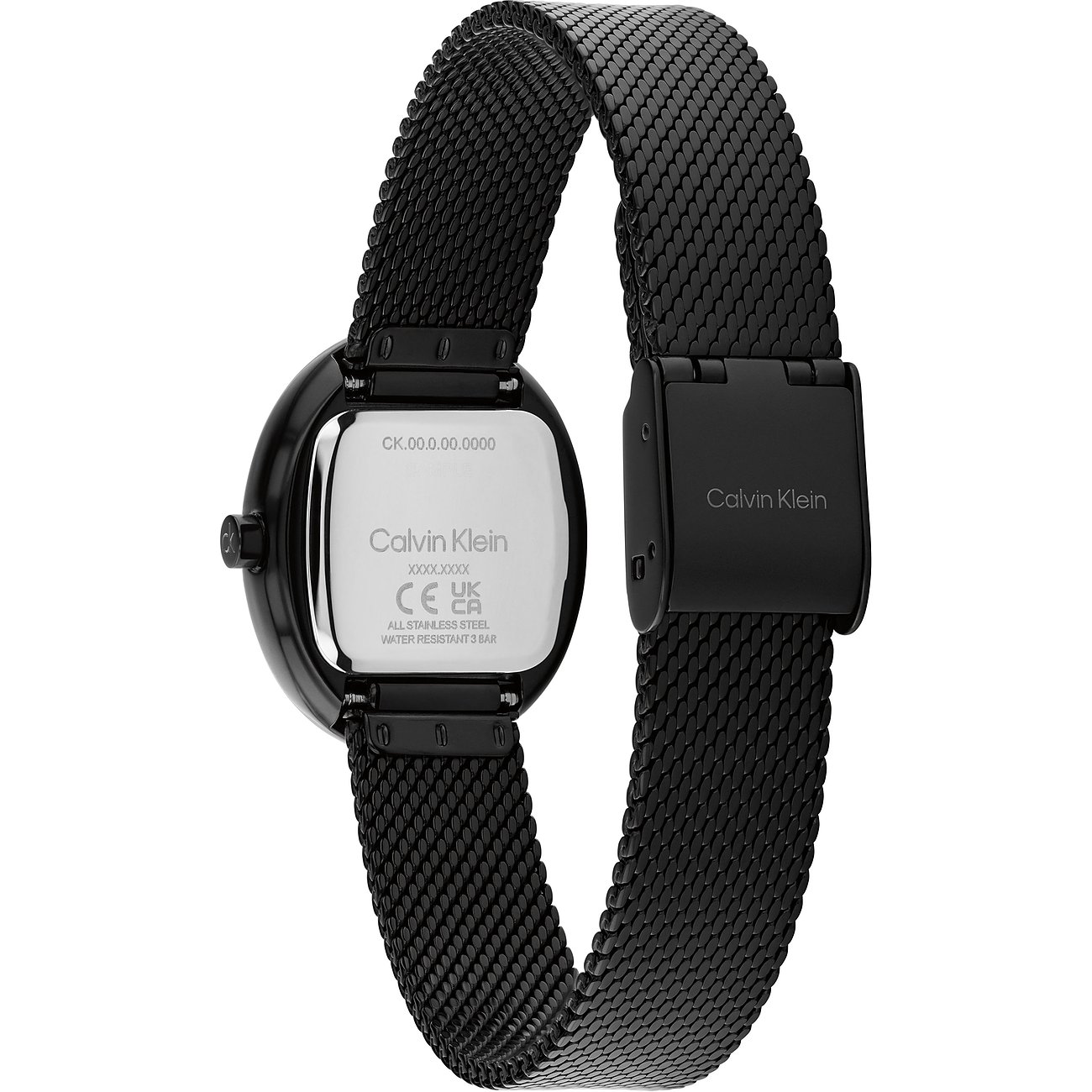 Rückansicht einer schwarzen Calvin Klein Damenuhr aus Edelstahl mit Mesh-Armband und Logo auf der Schließe.