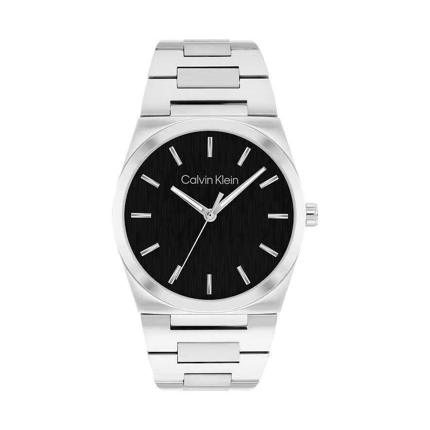 Calvin Klein herenhorloge van zilverkleurig roestvrij staal met zwarte wijzerplaat, vooraanzicht.