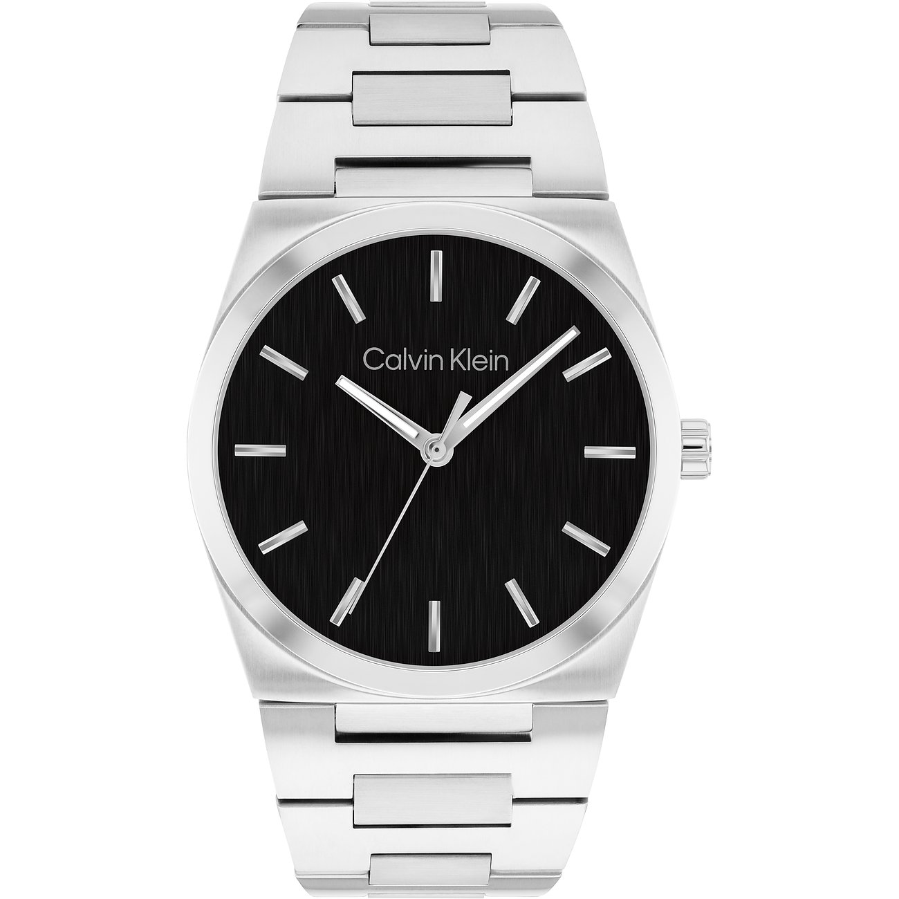 Calvin Klein herenhorloge van zilverkleurig roestvrij staal met zwarte wijzerplaat, vooraanzicht.