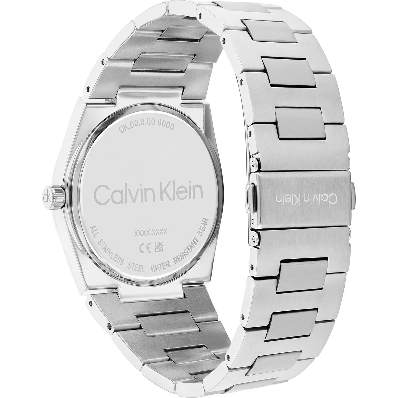 Achteraanzicht van een Calvin Klein herenhorloge in roestvrij staal met gegraveerd merklogo op de achterkant.