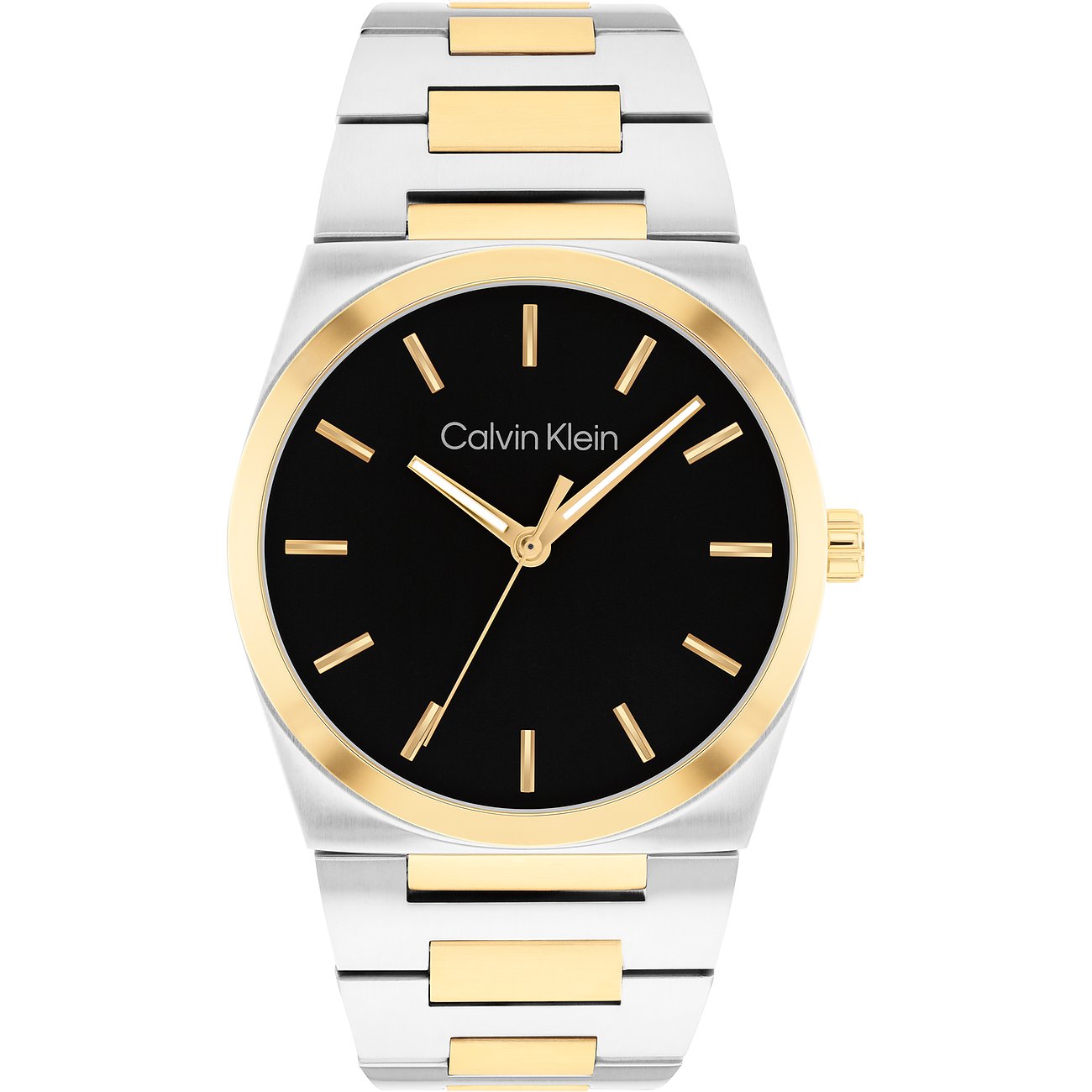 Calvin Klein Herrenuhr aus bicolor Edelstahl mit schwarzem Zifferblatt und goldenen Akzenten, frontale Ansicht.