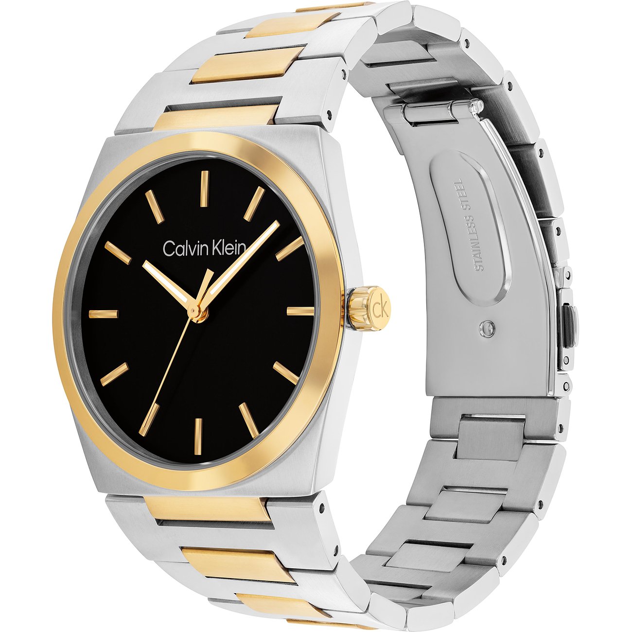 Calvin Klein Herrenuhr aus Edelstahl mit goldenen Akzenten, schwarzem Zifferblatt und goldenen Zeigern.