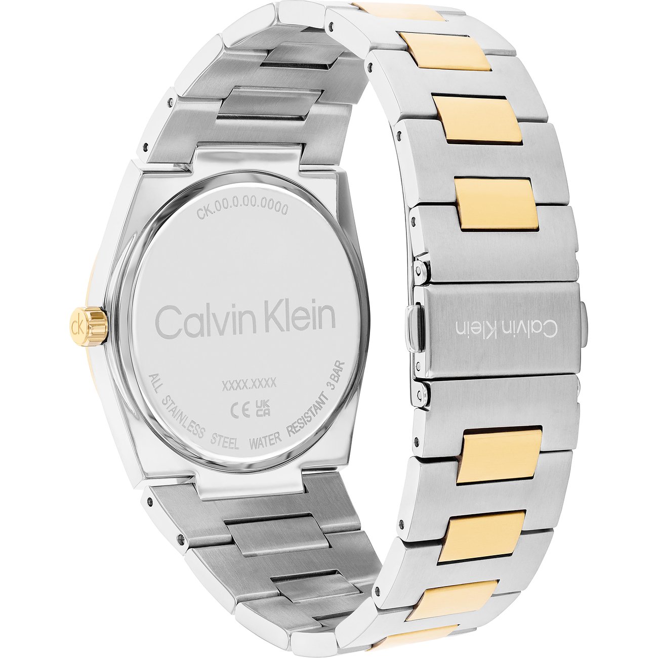 Rückansicht einer Calvin Klein Herrenuhr aus Edelstahl, Gehäuse und Armband zweifarbig in Silber- und Goldtönen.